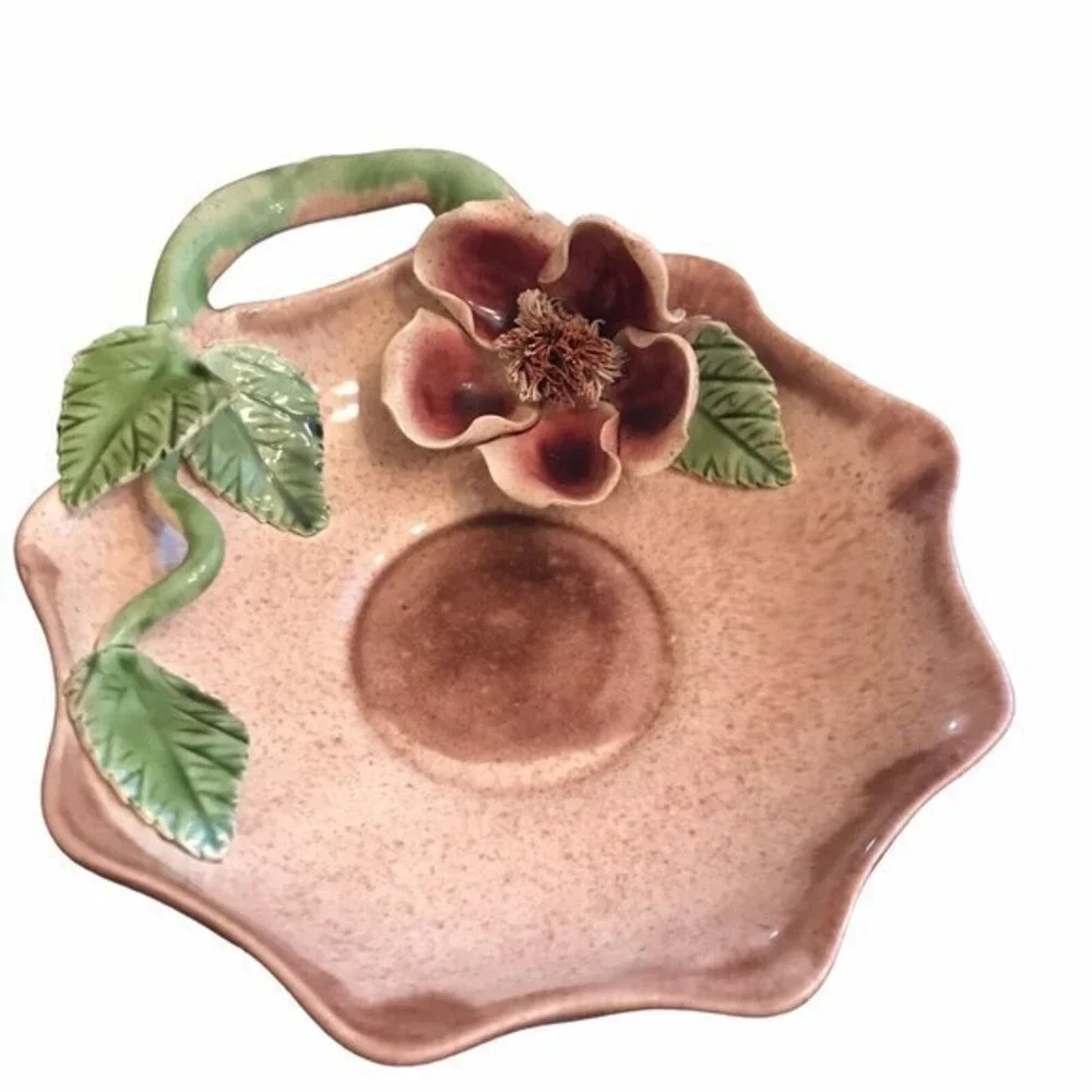Vee Jackson‎ Beautiful Pink Magnolia Flower Plate With Green Leaves Vintage